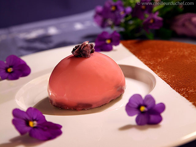 Dôme bavaroise chocolat blanc, crémeux violette sur fondant ...