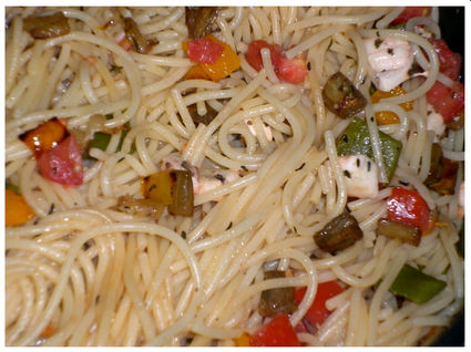 Recette de spaghettis aux légumes grillés, mozza, basilic