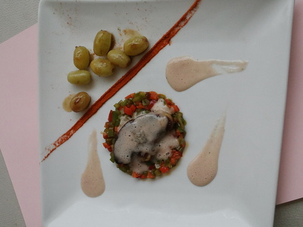 Recette de jalousie de poivron, foie gras et mousse de pinaud