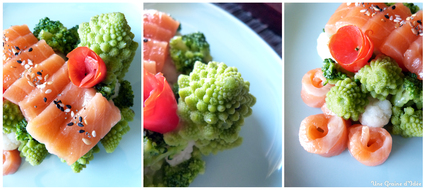 Recette de sashimi saumon au sel gomasio & son trio de choux