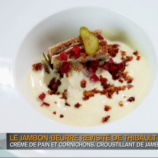 Recette crème de pain et cornichons, croustillant de jambon