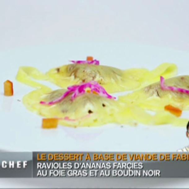 Recette raviole d'ananas au foie gras et boudin noir