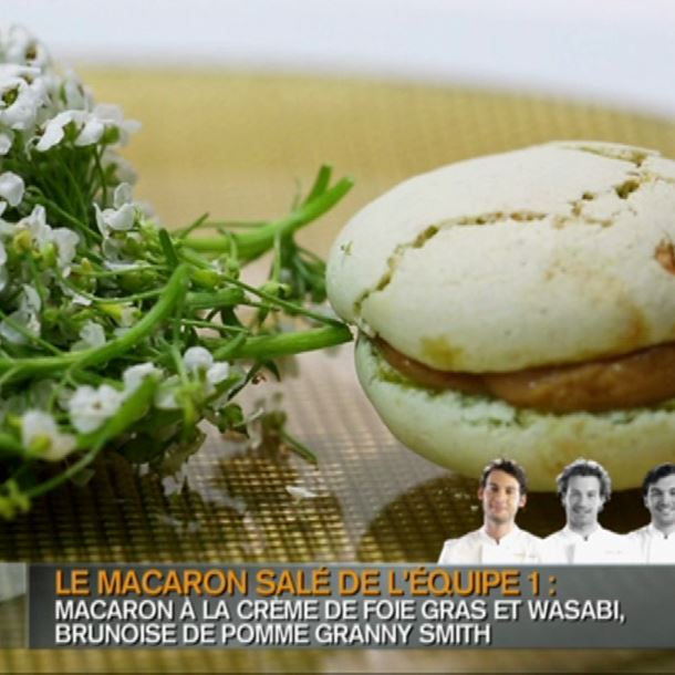 Recette macaron salé, foie gras au wasabi, brunoise de granny smith