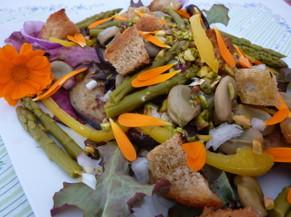 Recette de salade de fèves et d'aubergines aux croûtons aillés