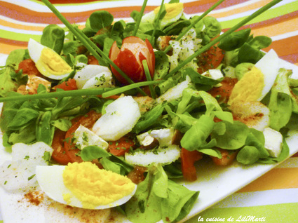 Recette de salade méli-mélo mâche, radis, tomates, oeuf et chèvre ...