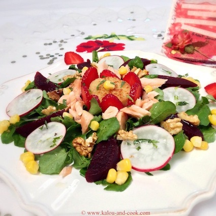 Recette salade de cresson au saumon, aux fraises et au chèvre chaud
